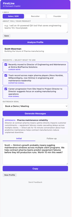 FirstLine Chrome extension side panel generating a personalized LinkedIn outreach message from real profile insights